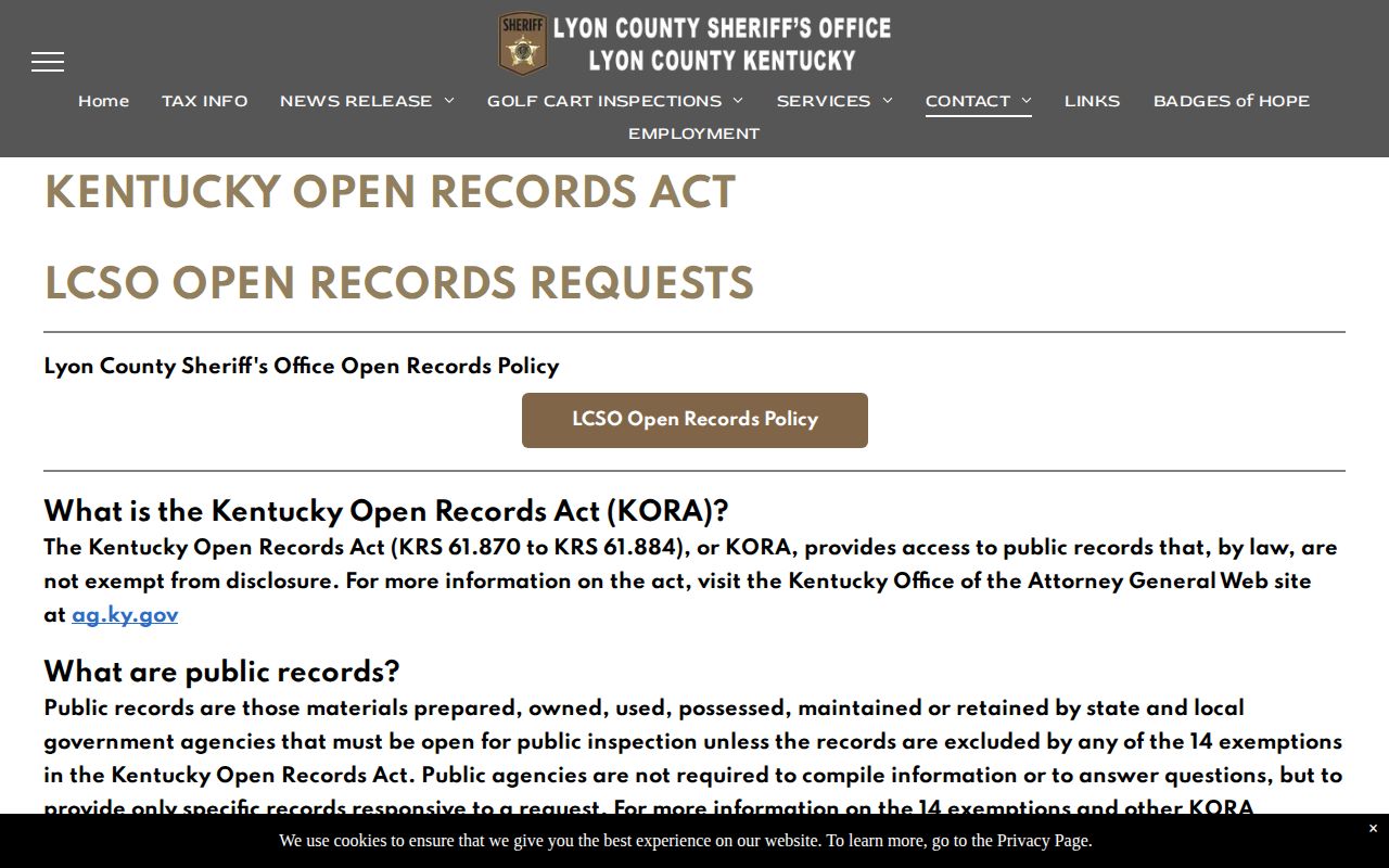 Lyon County Sheriff booking record request page